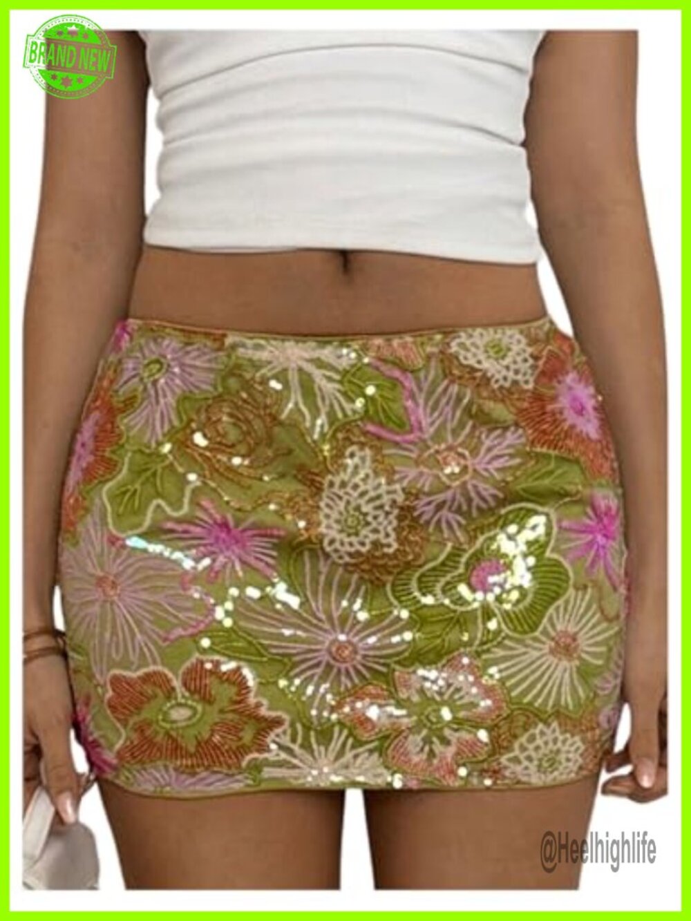 Sequin Floral Embroidered Mini Skirt Low Rise Bodycon Night Out Party